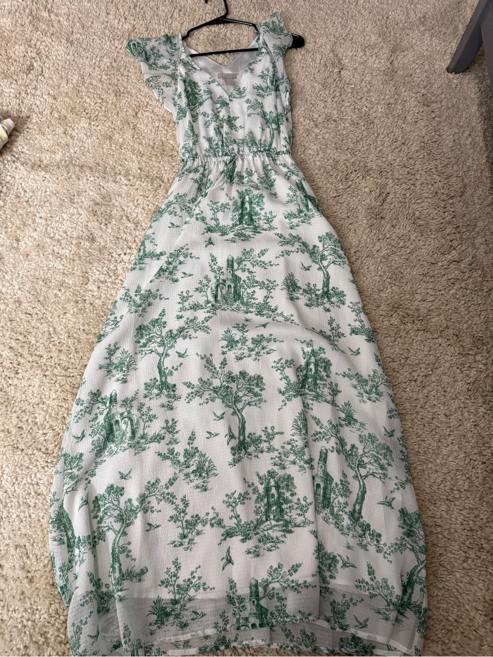 H&M White Maxi Dress with Green Toile Print